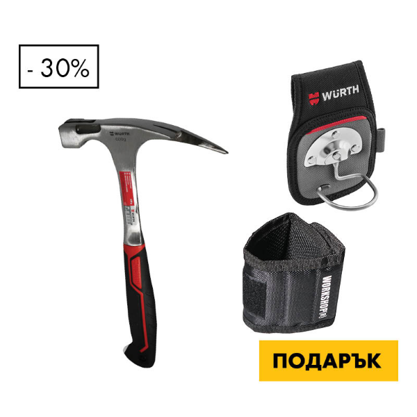 Снимка на Чук кофражен излят 600г+Кобур за чук+Магнитна лента за ръка Workshopr