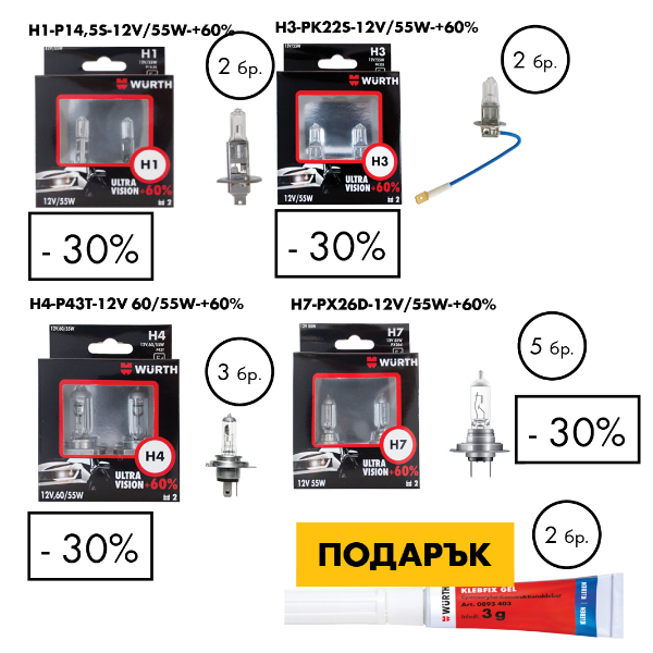 Снимка на Автолампи H1/H3/H4/H7 +60% (24бр)+Klebfix гел 2бр
